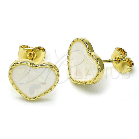 Oro Laminado Stud Earring, Gold Filled Style Heart Design, with Ivory Mother of Pearl, White Enamel Finish, Golden Finish, 02.411.0024