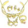 Oro Laminado Necklace, Bracelet, Earring and Ring, Gold Filled Style Dolphin Design, with Pink Crystal, Polished, Tricolor, 06.361.0021