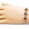 Oro Laminado Fancy Bracelet, Gold Filled Style Four-leaf Clover and Miami Cuban Design, with Garnet Cubic Zirconia and White Micro Pave, Polished, Golden Finish, 03.283.0434.1.07