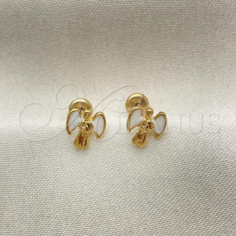 Oro Laminado Stud Earring, Gold Filled Style Angel Design, White Enamel Finish, Golden Finish, 02.02.0526