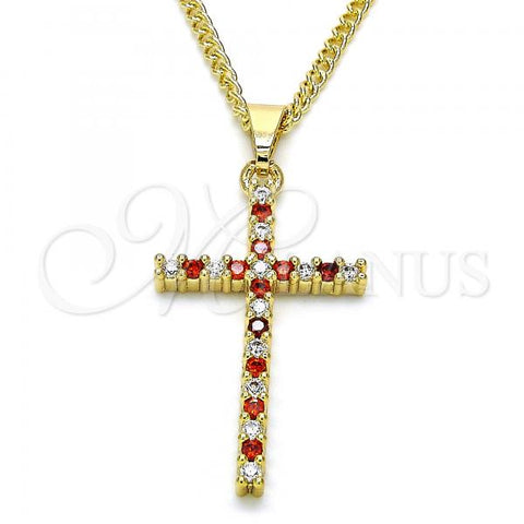 Oro Laminado Pendant Necklace, Gold Filled Style Cross Design, with Garnet and White Cubic Zirconia, Polished, Golden Finish, 04.284.0013.1.22