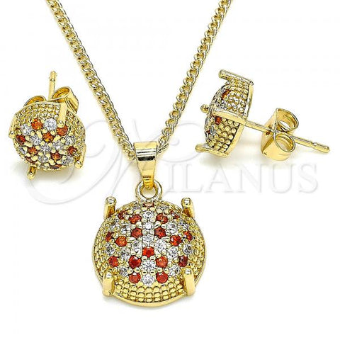 Oro Laminado Earring and Pendant Adult Set, Gold Filled Style with Garnet and White Micro Pave, Polished, Golden Finish, 10.344.0017.1