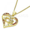 Oro Laminado Pendant Necklace, Gold Filled Style Heart and Hand Design, with Garnet Micro Pave, Polished, Golden Finish, 04.156.0337.2.20