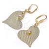 Oro Laminado Dangle Earring, Gold Filled Style Heart Design, with White Crystal, Diamond Cutting Finish, Golden Finish, 77.002