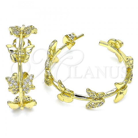 Oro Laminado Stud Earring, Gold Filled Style Butterfly Design, with White Micro Pave, Polished, Golden Finish, 02.341.0096