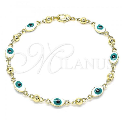 Oro Laminado Fancy Bracelet, Gold Filled Style Evil Eye Design, White Enamel Finish, Golden Finish, 03.213.0033.4.08