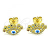 Oro Laminado Stud Earring, Gold Filled Style Evil Eye Design, with Multicolor Micro Pave, Blue Enamel Finish, Golden Finish, 02.341.0047