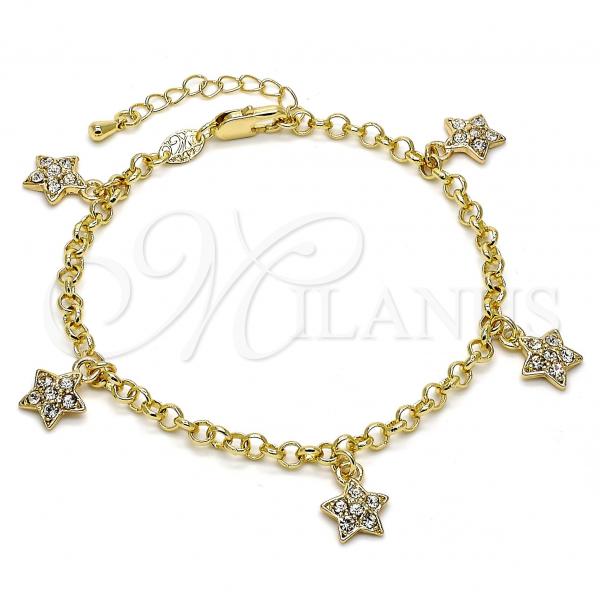 Oro Laminado Charm Bracelet, Gold Filled Style Star and Rolo Design, with White Crystal, Polished, Golden Finish, 03.63.1357.07