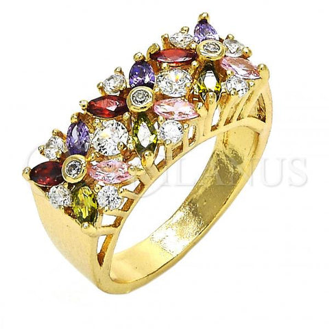 Oro Laminado Multi Stone Ring, Gold Filled Style Flower Design, with Multicolor Cubic Zirconia, Polished, Golden Finish, 01.210.0061.1.07 (Size 7)