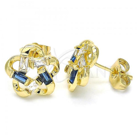 Oro Laminado Stud Earring, Gold Filled Style Flower Design, with Sapphire Blue and White Cubic Zirconia, Polished, Golden Finish, 02.210.0101.5