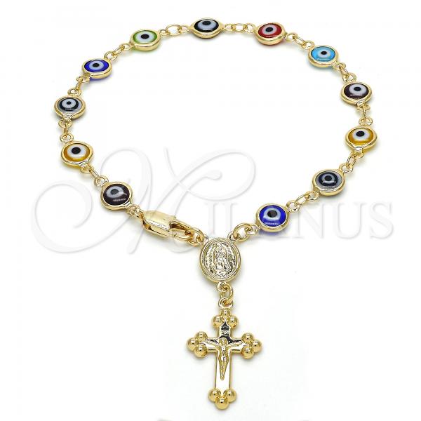 Oro Laminado Bracelet Rosary, Gold Filled Style Guadalupe and Crucifix Design, Multicolor Resin Finish, Golden Finish, 09.63.0107.1.08