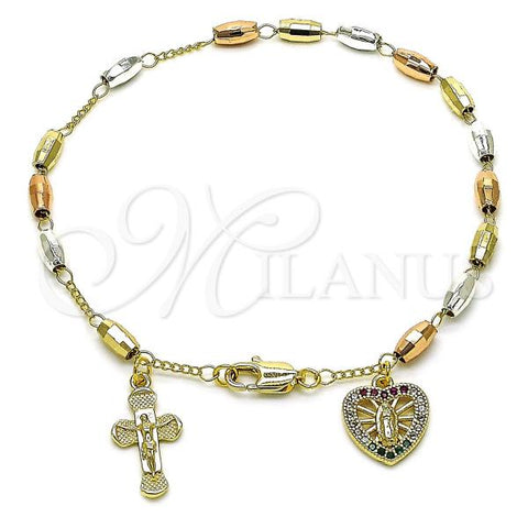 Oro Laminado Bracelet Rosary, Gold Filled Style Guadalupe and Cross Design, with Multicolor Micro Pave, Diamond Cutting Finish, Tricolor, 09.253.0076.08