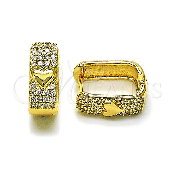 Oro Laminado Huggie Hoop, Gold Filled Style Heart Design, with White Cubic Zirconia, Polished, Golden Finish, 02.210.0889.14