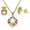Oro Laminado Earring and Pendant Adult Set, Gold Filled Style with Garnet and White Micro Pave, Polished, Golden Finish, 10.344.0016.1