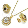 Oro Laminado Earring and Pendant Adult Set, Gold Filled Style Flower Design, with Black and White Cubic Zirconia, Polished, Golden Finish, 10.210.0049.8