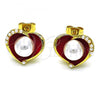 Oro Laminado Stud Earring, Gold Filled Style Heart Design, with Ivory Pearl, Red Enamel Finish, Golden Finish, 02.379.0020.2