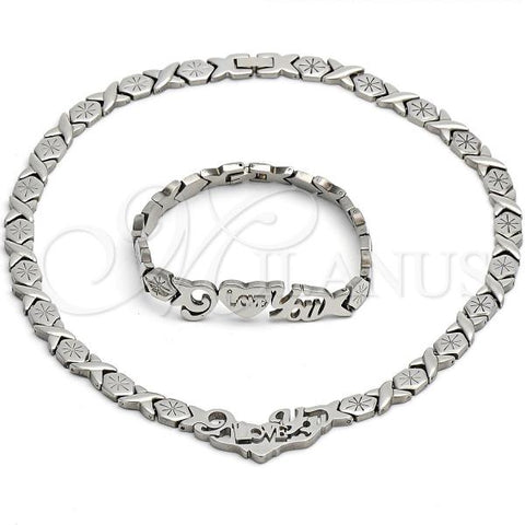 Stainless Steel Necklace and Bracelet, Hugs and Kisses and Love Design, Polished, Steel Finish, 06.231.0002.3