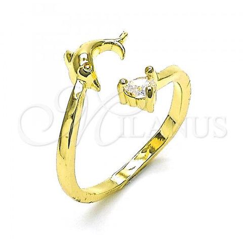 Oro Laminado Multi Stone Ring, Gold Filled Style Dolphin and Heart Design, with White Cubic Zirconia, Polished, Golden Finish, 01.284.0082