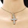Oro Laminado Religious Pendant, Gold Filled Style Cross and Crown Design, with White Cubic Zirconia and White Micro Pave, Polished, Golden Finish, 05.253.0178