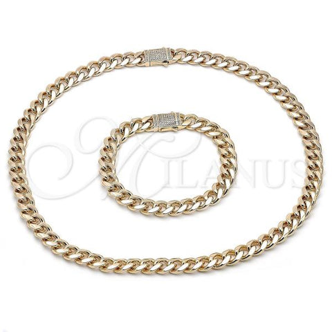 Oro Laminado Necklace and Bracelet, Gold Filled Style Miami Cuban Design, with White Micro Pave, Polished, Golden Finish, 06.253.0005