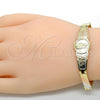 Oro Laminado ID Bracelet, Gold Filled Style Guadalupe and Flower Design, Polished, Tricolor, 03.26.0045.08