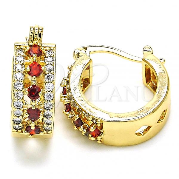 Oro Laminado Small Hoop, Gold Filled Style with Garnet and White Cubic Zirconia, Polished, Golden Finish, 02.210.0269.1.15