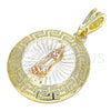 Oro Laminado Religious Pendant, Gold Filled Style Guadalupe and Greek Key Design, Polished, Tricolor, 05.380.0039.1
