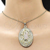 Oro Laminado Religious Pendant, Gold Filled Style Guadalupe and Flower Design, Diamond Cutting Finish, Tricolor, 05.213.0056.1
