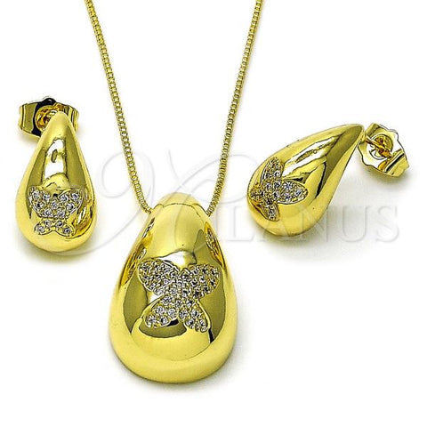 Oro Laminado Earring and Pendant Adult Set, Gold Filled Style Teardrop and Butterfly Design, with White Cubic Zirconia, Polished, Golden Finish, 10.313.0006