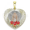 Oro Laminado Religious Pendant, Gold Filled Style Guadalupe and Flower Design, Red Enamel Finish, Tricolor, 05.380.0107