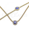Oro Laminado Necklace and Bracelet, Gold Filled Style Evil Eye and Miami Cuban Design, with White Micro Pave, Blue Enamel Finish, Golden Finish, 06.213.0020