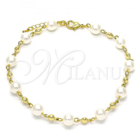 Oro Laminado Fancy Anklet, Gold Filled Style Ball Design, with Ivory Pearl, Polished, Golden Finish, 03.63.2226.10