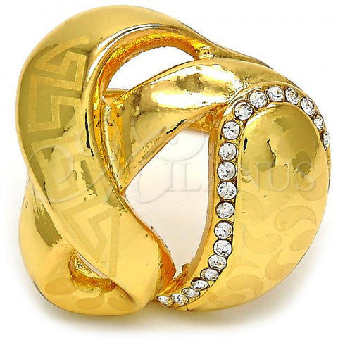Oro Laminado Multi Stone Ring, Gold Filled Style Greek Key Design, with White Crystal, Polished, Golden Finish, 01.241.0009.08 (Size 8)