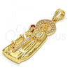 Oro Laminado Religious Pendant, Gold Filled Style Santa Barbara Design, with Garnet and White Cubic Zirconia, Polished, Golden Finish, 05.120.0060