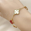 Oro Laminado Fancy Bracelet, Gold Filled Style Four-leaf Clover and Rolo Design, with Garnet Mother of Pearl, Diamond Cutting Finish, Golden Finish, 03.414.0002.07