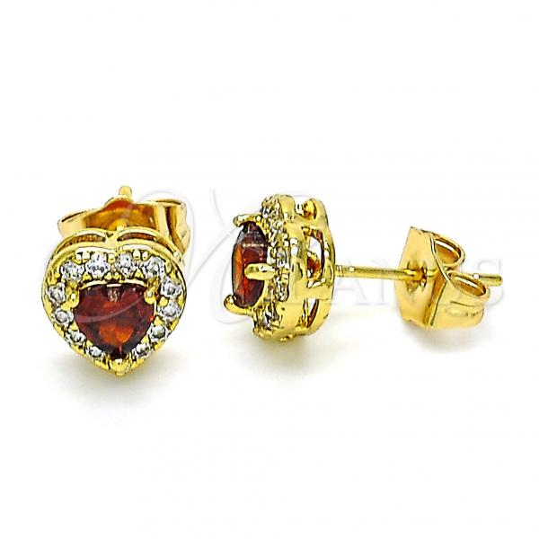 Oro Laminado Stud Earring, Gold Filled Style Heart Design, with Garnet and White Cubic Zirconia, Polished, Golden Finish, 02.346.0009.1