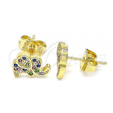 Oro Laminado Stud Earring, Gold Filled Style Elephant Design, with Multicolor Micro Pave, Polished, Golden Finish, 02.156.0545.1