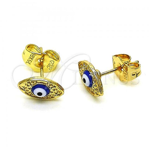 Oro Laminado Stud Earring, Gold Filled Style Evil Eye Design, Blue Enamel Finish, Golden Finish, 02.213.0398.2