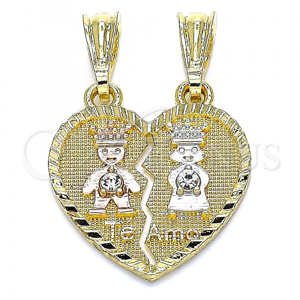 Oro Laminado Fancy Pendant, Gold Filled Style Little Girl and Little Boy Design, with White Crystal, Polished, Tricolor, 05.351.0109.1