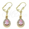Oro Laminado Long Earring, Gold Filled Style Teardrop Design, with Pink Cubic Zirconia and White Micro Pave, Polished, Golden Finish, 02.213.0334.1