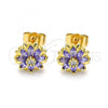 Oro Laminado Stud Earring, Gold Filled Style Flower Design, with Amethyst and White Cubic Zirconia, Polished, Golden Finish, 02.310.0023.1