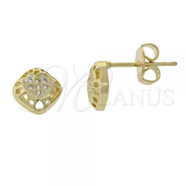 Oro Laminado Stud Earring, Gold Filled Style Heart Design, with White Micro Pave, Polished, Golden Finish, 02.156.0003