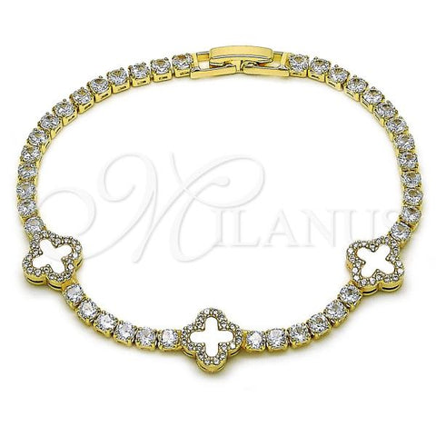 Oro Laminado Fancy Bracelet, Gold Filled Style Four-leaf Clover Design, with Ivory Mother of Pearl and White Cubic Zirconia, Polished, Golden Finish, 03.284.0046.2.07