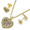 Oro Laminado Earring and Pendant Adult Set, Gold Filled Style Heart Design, with Multicolor Micro Pave, Polished, Golden Finish, 10.156.0251.3