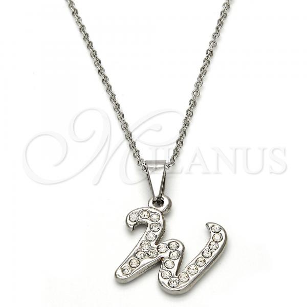 Stainless Steel Pendant Necklace, Initials and Rolo Design, with White Crystal, Polished, Steel Finish, 04.238.0029.18