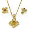 Oro Laminado Earring and Pendant Adult Set, Gold Filled Style Flower Design, with Coffee Crystal, Polished, Golden Finish, 10.160.0098
