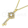 Oro Laminado Pendant Necklace, Gold Filled Style key Design, with White Micro Pave, Polished, Golden Finish, 04.344.0011.20