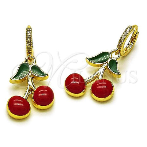 Oro Laminado Dangle Earring, Gold Filled Style Cherry Design, with White Micro Pave, Red Enamel Finish, Golden Finish, 02.417.0001