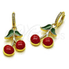 Oro Laminado Dangle Earring, Gold Filled Style Cherry Design, with White Micro Pave, Red Enamel Finish, Golden Finish, 02.417.0001