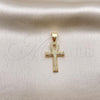 Oro Laminado Religious Pendant, Gold Filled Style Cross Design, with White Micro Pave, Polished, Golden Finish, 05.342.0088